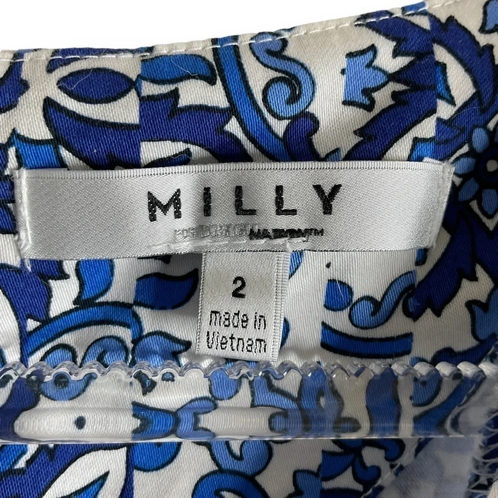 Milly Blue Combo Sleeveless V Neck A Line Cotton Blend Dress Blue Sz 2 - Picture 12 of 13